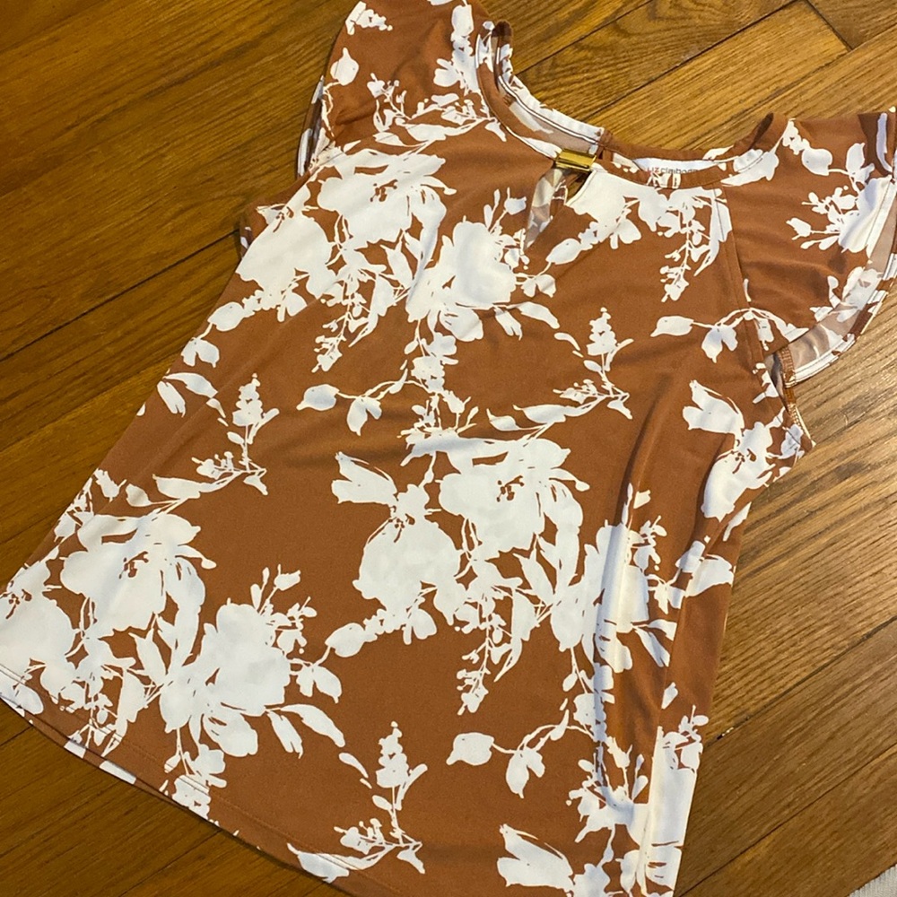 Women’s XS Work Blouse Liz Claiborne Brown White Short Sleeve